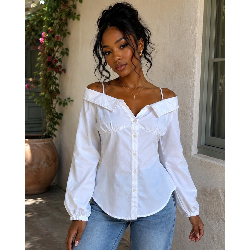 White Off Shoulder Button Front Peasant Blouse Womens XL Puff Sleeve Cottagecore
